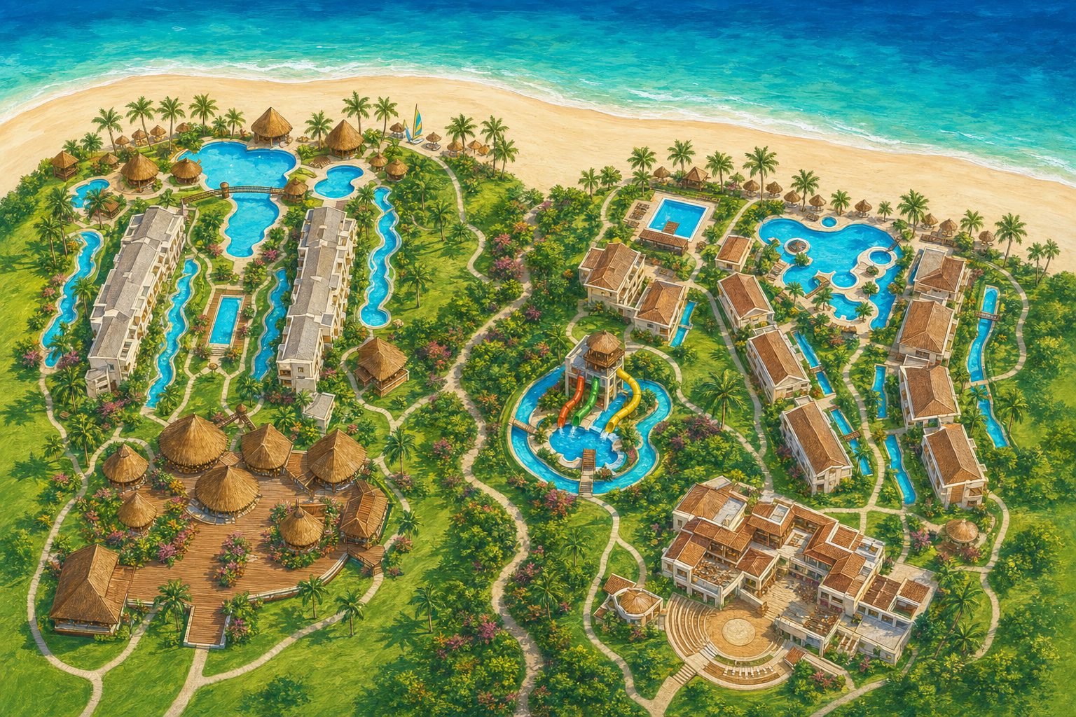 Painted map of both resorts as one property, ocean along the top